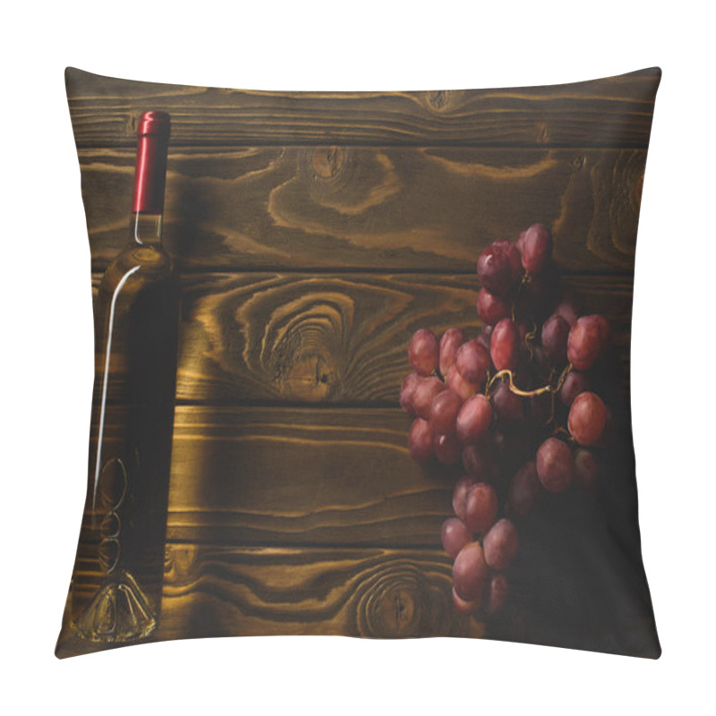 Personality  Top View Of Bottle Of White Wine And Branch Of Grapes On Wooden Table Pillow Covers