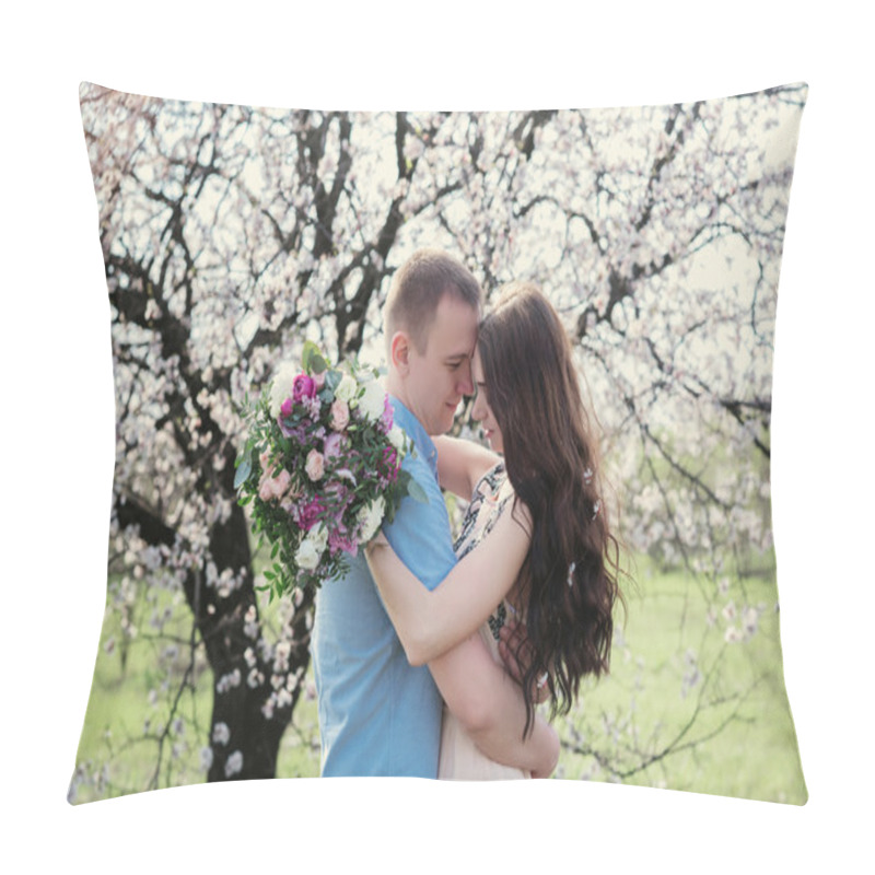 Personality  Young Couple In Love Outdoor On Blue Sky Background. Pillow Covers