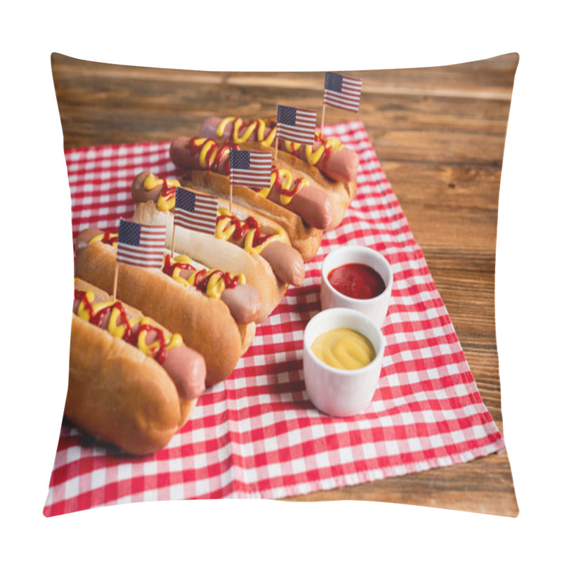 Personality  Tasty Hot Dogs With Small American Flags Near Sauces And Checkered Napkin On Wooden Table Pillow Covers