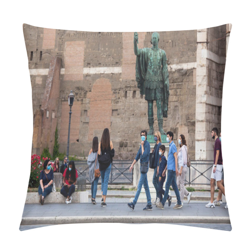 Personality  ROME, ITALY - JUNE 02 2020: Italy Reopening, Start Phase 3. People Wearing A Protective Face Masks Walks Around Fori Imperiali Street Near Colosseum (Colosseo) In Rome, Italy Pillow Covers