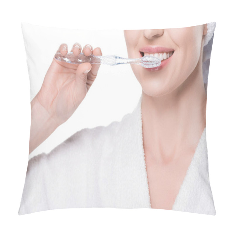 Personality  Cropped View Of Woman Brushing Teeth Isolated On White Pillow Covers