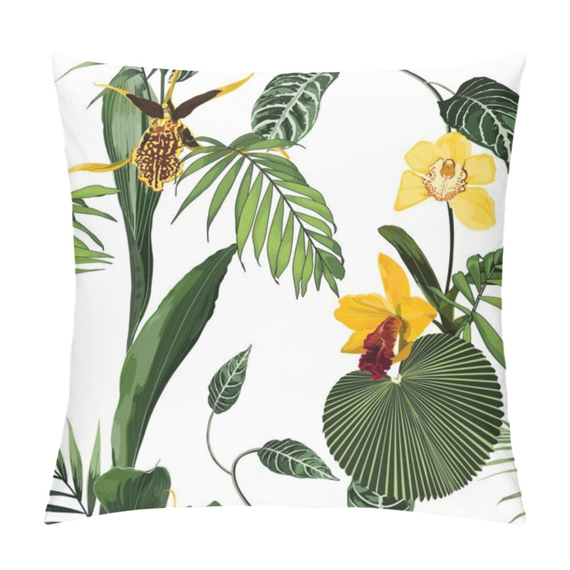 Personality  Exotic Flowers Seamless Pattern. Tropical Yellow Green Orchid Flowers And Palm Leaves In Summer Print. Hawaiian T-shirt And Swimwear Tile. White Background. Pillow Covers