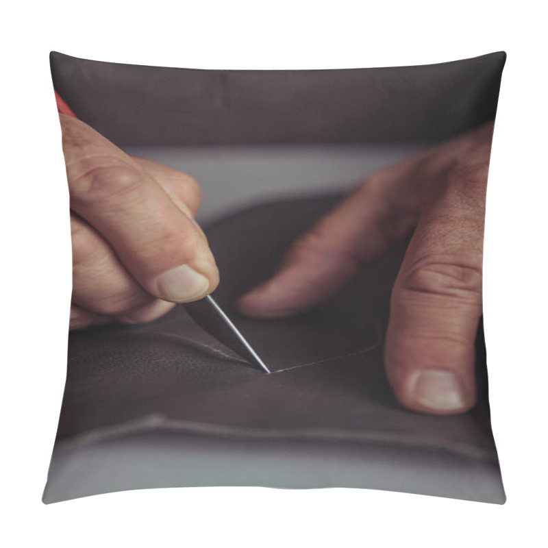 Personality  Cropped View Of Cobbler Cutting Genuine Leather With Knife Pillow Covers