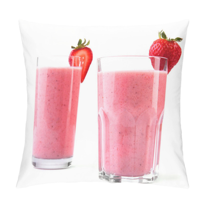 Personality  Two Large And Different Glasses With Cold And Pink Drinks Made From Juicy And Fresh Red Strawberries And Milk. Fruit Cocktail With Strawberries And Milk. Pillow Covers