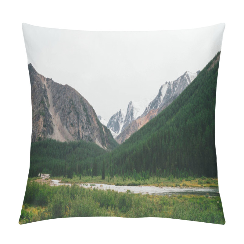 Personality  Mountain Creek In Valley Against Giant Mountains And Snowy Tops. Water Stream In Brook Against Glacier. Rich Vegetation And Forest Of Highlands. Amazing Atmospheric Landscape Of Majestic Nature. Pillow Covers