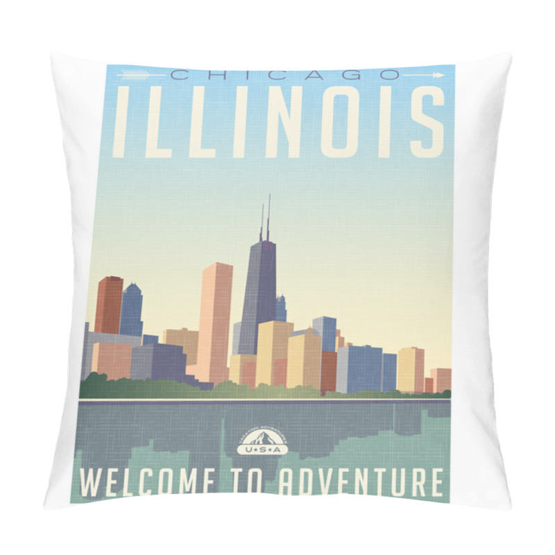 Personality  Retro Style Travel Poster Or Sticker. United States, Illinois, Chicago Skyline Pillow Covers