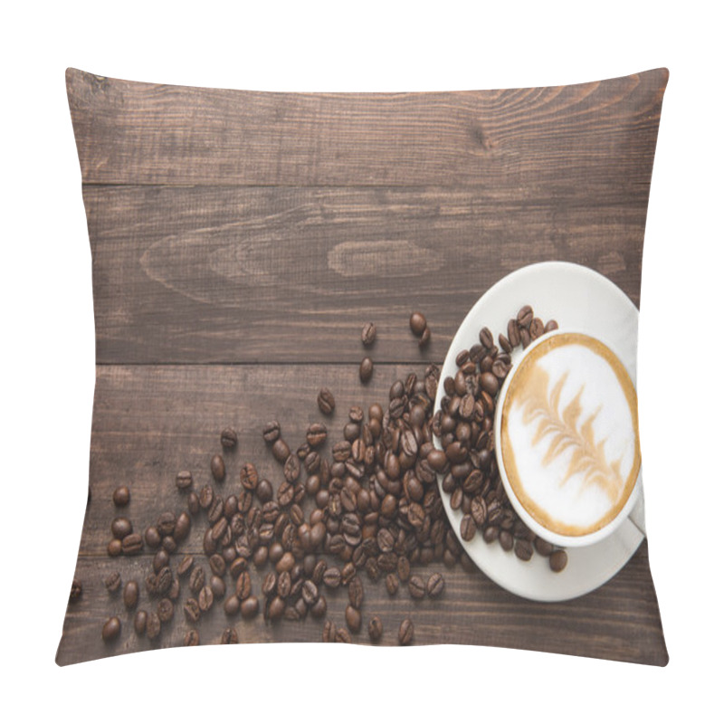 Personality  Coffee Cup And Coffee Beans On Wooden Background. Top View Pillow Covers