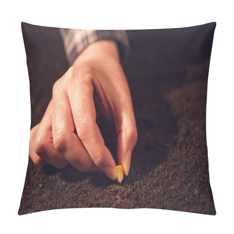 Personality  Female Hand Seeding Corn In Agricultural Arable Field Soil Pillow Covers