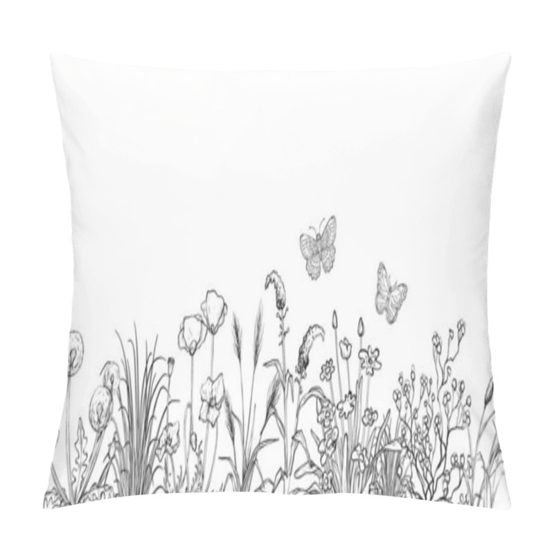 Personality  Black And White Sketch, Field Flowers And Grass Landscape Pillow Covers