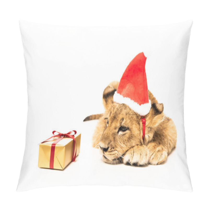 Personality  Cute Lion Cub In Santa Hat Near Golden Gift Isolated On White Pillow Covers