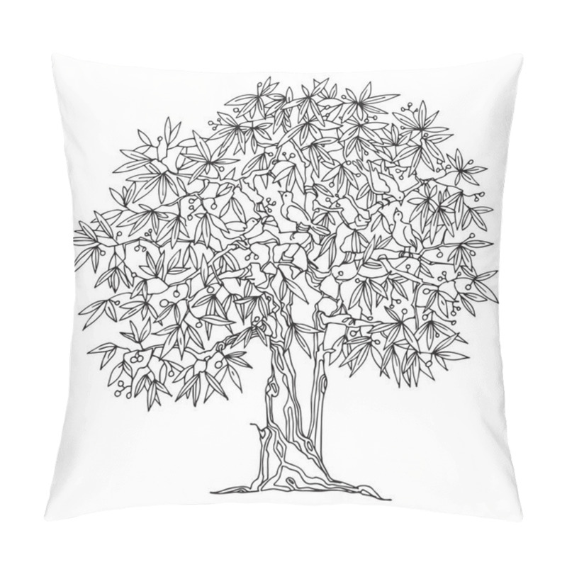 Personality  Hand Drawn Tree With Birds, Vector Illustration Pillow Covers