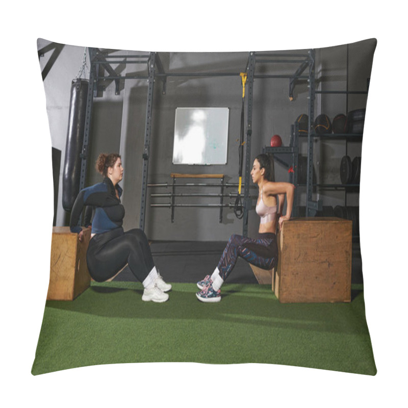 Personality  Friends Perform Tricep Dips Together At A Modern Gym While Encouraging Each Other. Pillow Covers