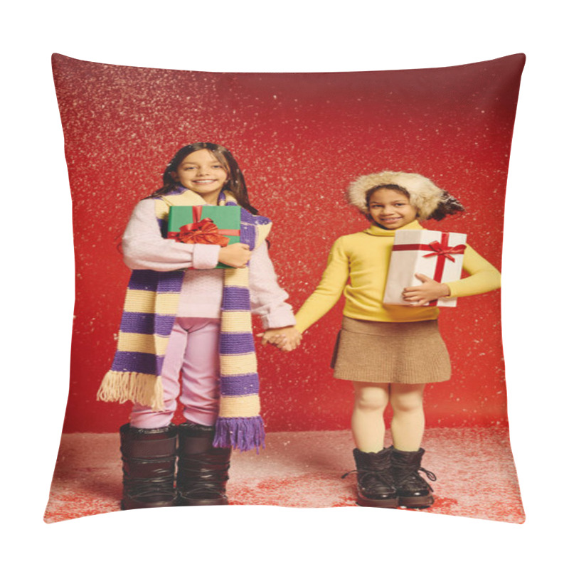 Personality  Two Little Girls In Cozy Winter Outfits Joyfully Hold Hands While Sharing Christmas Gifts. Pillow Covers