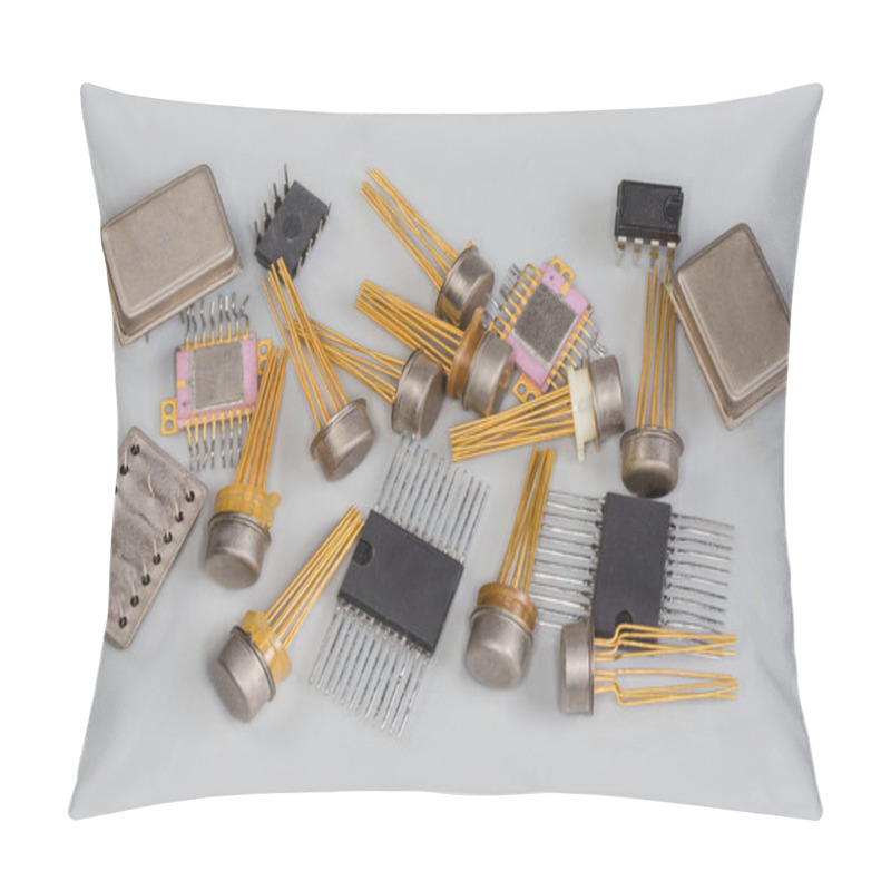 Personality  Analog And Digital Integrated Circuits Various Purposes In Metal, Plastic And Ceramic Packages, With Planar Pins And Pins For Thru-hole Mount On A Printed Circuit Board On A Gray Surface Pillow Covers