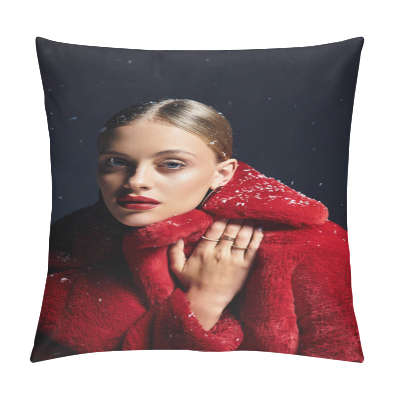 Personality  The Young Woman Exudes Elegance While Surrounded By Softly Falling Snowflakes. Pillow Covers