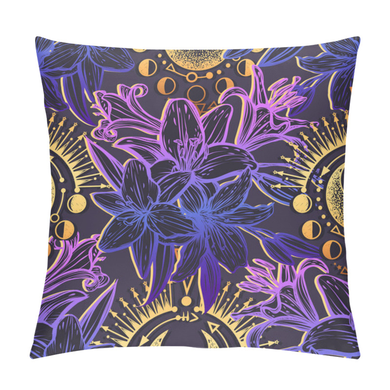 Personality  Botanical Vector Illustration, Summer Lilium Flowers, Bouquet Of Flowers, Line Art Style, Magic Astrology, Romantic Decoration, Handmade, Dark Background, Seamless Pattern Pillow Covers