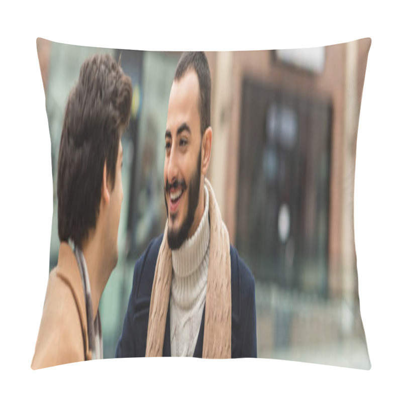 Personality  Bearded Man In Scarf Smiling At Young Gay Partner On Blurred Urban Street, Banner Pillow Covers