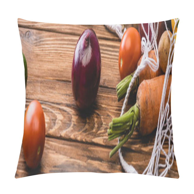 Personality  Fresh Ripe Vegetables Scattered From String Bag On Wooden Table, Panoramic Shot Pillow Covers