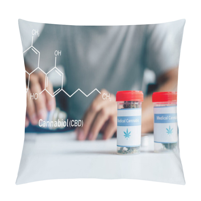 Personality  Selective Focus Of Bottles With Medical Cannabis On Table With Man On Background With Cbd Molecule Illustration Pillow Covers