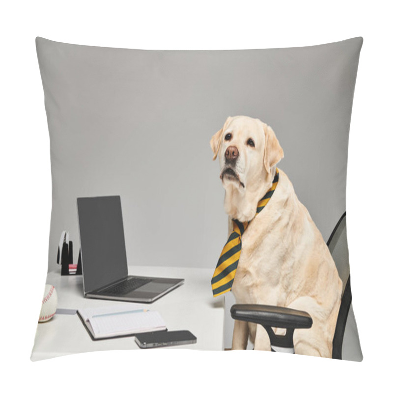 Personality  A Sophisticated Dog, Decked Out In A Tie, Sitting Elegantly At A Desk In A Professional Setting. Pillow Covers