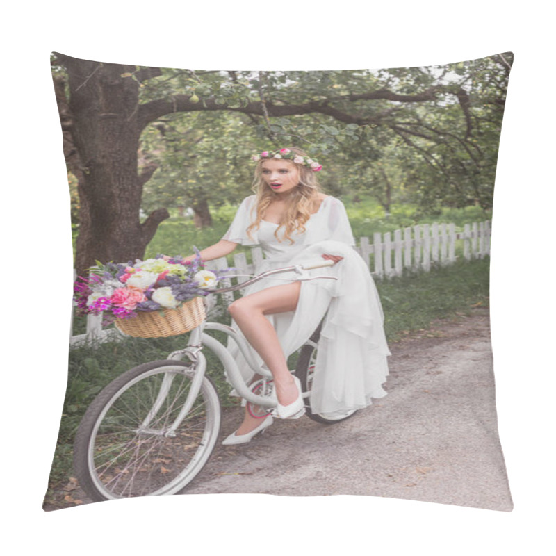 Personality  Beautiful Shocked Young Blonde Bride Riding Bicycle With Flower Basket  Pillow Covers