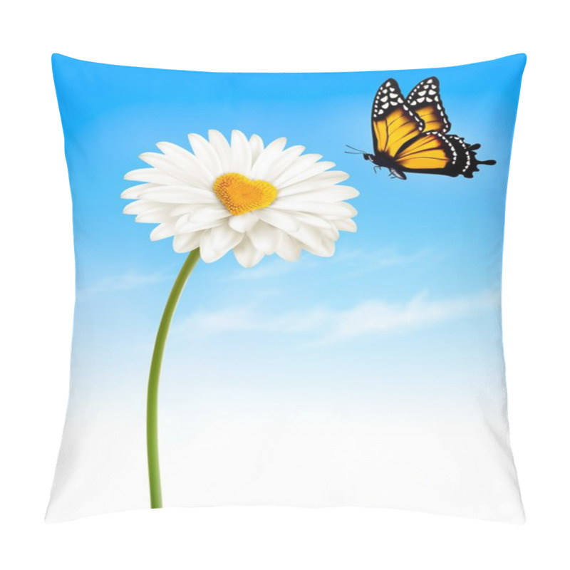 Personality  Daisy With A Heart Shaped Middle And A Butterfly. Vector. Pillow Covers