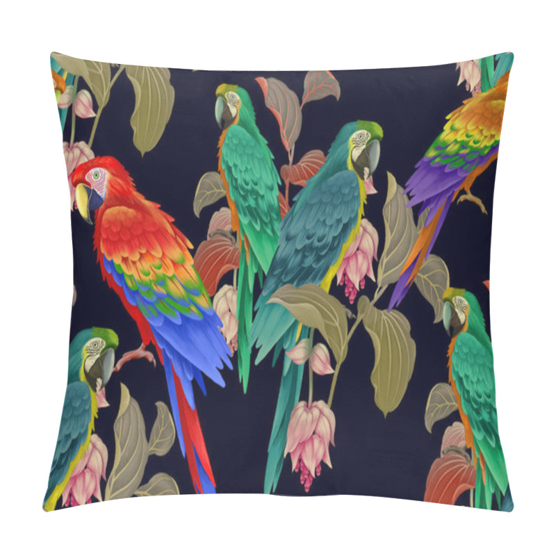 Personality  Flowers And Macaw On Black Background. Seamless Pattern. Pillow Covers