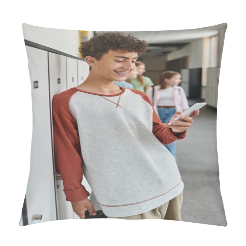 Personality  Happy Schoolboy With Braces Using Smartphone In School Hallway, Student During Break, Social Media Pillow Covers