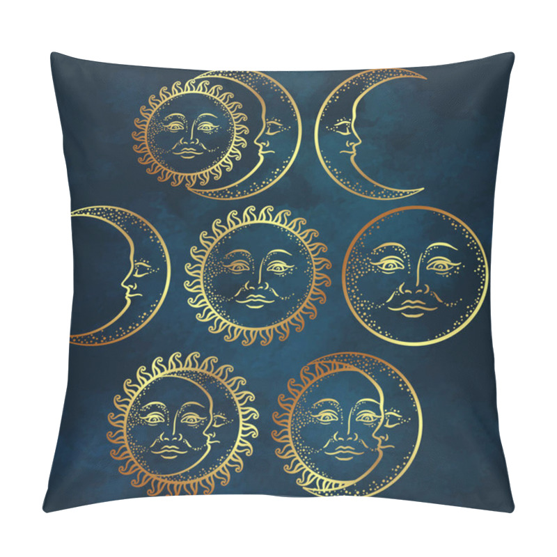 Personality  Boho Chic Flash Tattoo Design Hand Drawn Art Gold Sun And Crescent Moon Set. Antique Style Design Vector Illustration Pillow Covers