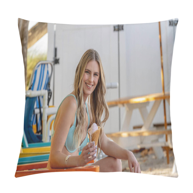 Personality  A Gorgeous Woman Reclines On A Sandy Beach, Her Bikini Accentuating Her Golden Tan. She Enjoys An Ice Cream Cone, The Sun's Warmth Embracing Her, While Waves Gently Whisper At The Shore. Pillow Covers