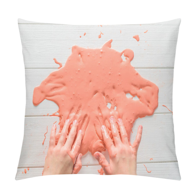 Personality  The Child Dips His Hands In The Orange Slime. Pillow Covers