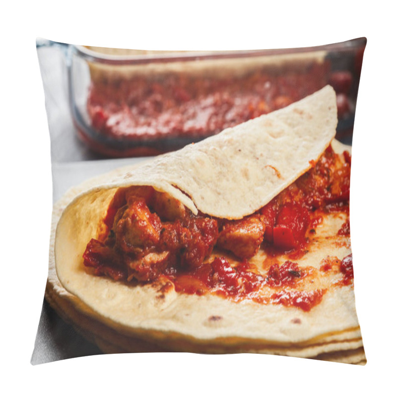 Personality  Preparation Traditional Mexican Enchiladas With Chicken Meat, Spicy Tomato Sauce And Cheese Pillow Covers