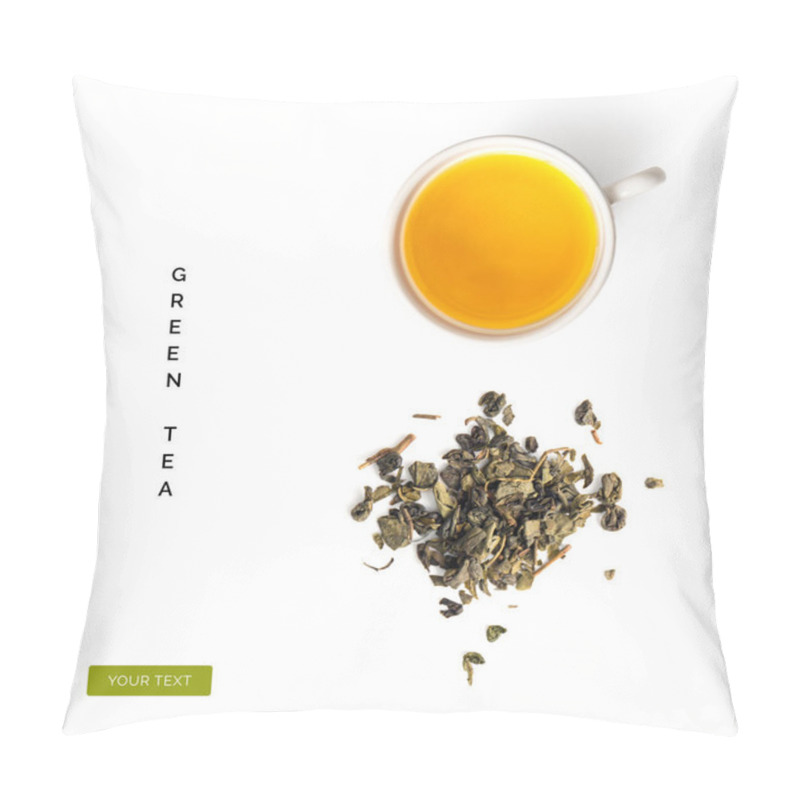 Personality  Creative Layout Made Of Cup Of Green Tea On A White Background. Top View Pillow Covers