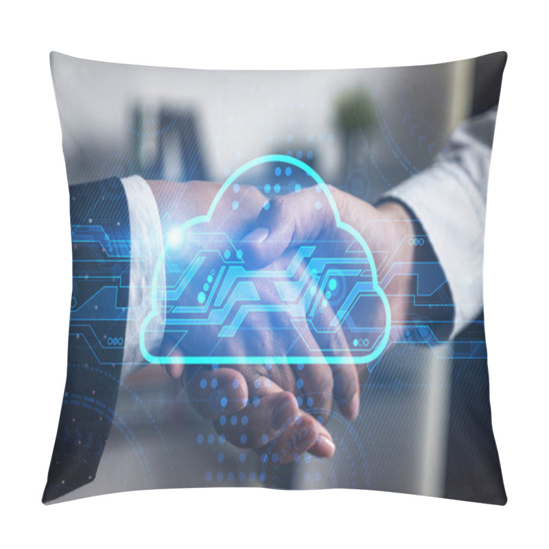 Personality  Multiexposure Of Two Businesspeople Handshake And Data Cloud Icon Hologram Drawing Background. Concept Of Store Information. Formal Wear. Pillow Covers