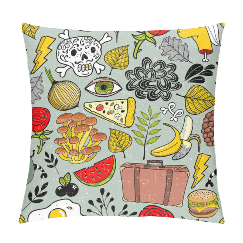 Personality  Colorful Seamless Pattern Full Of Different Objects And Cartoon Characters. Vector Endless Wallpaper Of Doodle Creatures. Pillow Covers