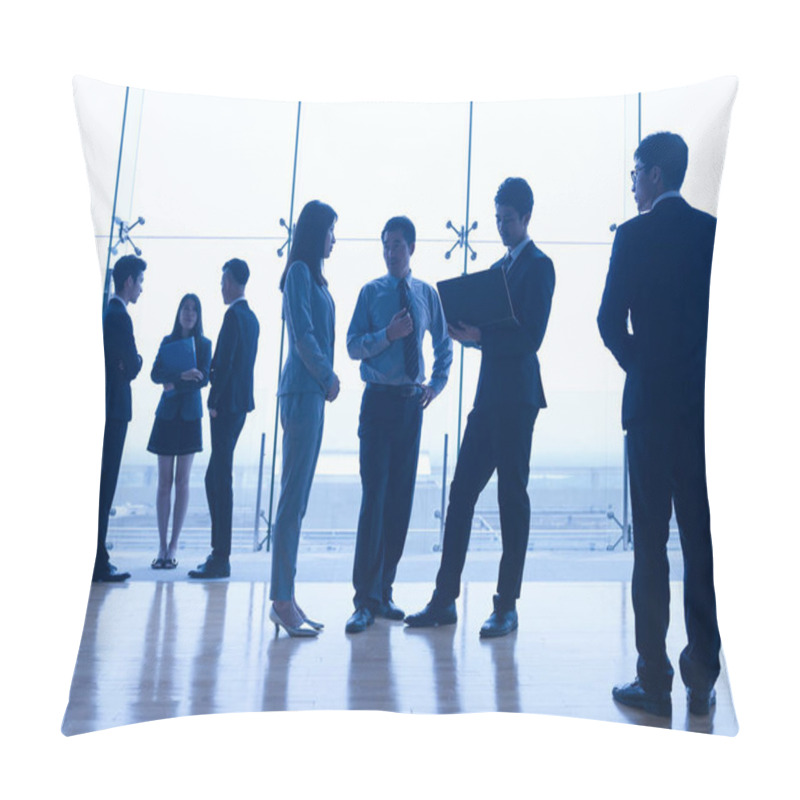 Personality  Silhouettes Of Asian People Standing Discussing Business In Modern Office. Pillow Covers