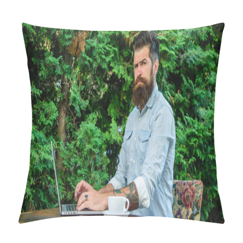 Personality  Hipster Work Online Blog With Notebook. Blogger Create Post While Enjoy Coffee. Man Bearded Manager Entrepreneur Sit Terrace Outdoors With Laptop And Cup Of Coffee. Create Content For Web Blog Pillow Covers