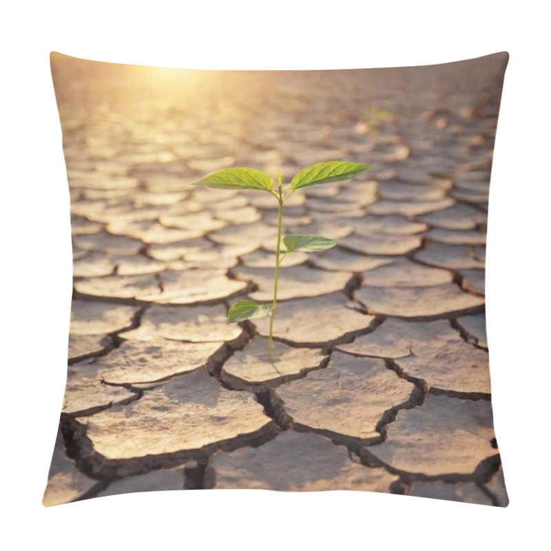 Personality  A High-resolution Ultrarealistic Image Of A Small Green Sprout With Two Vibrant Leaves Emerging From A Cracked, Parched Piece Of Land. The Setting Sun Casts A Warm Golden Light Across The Scene, Creating Elongated Shadows And Highlighting The Pillow Covers