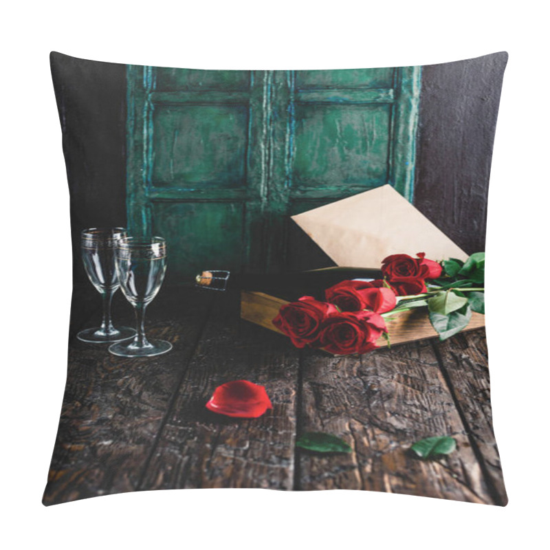 Personality  Red Roses And Champagne Bottle, Glasses And Envelope On Tray, Valentines Day Concept Pillow Covers