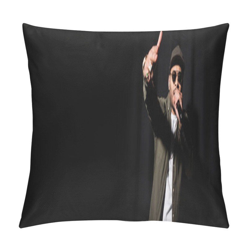 Personality  Indian Hip Hop Performer In Sunglasses Singing In Microphone On Black, Banner Pillow Covers