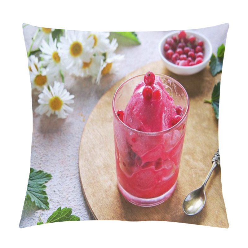 Personality  Summer Dessert, Fruit Ice Or Frozen Sorbet Or Granite From Red Currant Puree And Sugar Syrup In A Glass On A Light Concrete Background. Frozen Desserts. Pillow Covers