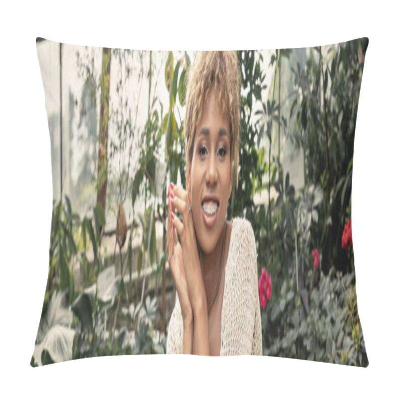 Personality  Cheerful Young African American Woman With Braces In Summer Knitted Top Looking At Camera While Spending Time In Blurred Orangey, Fashion-forward Lady In Midst Of Tropical Greenery, Banner  Pillow Covers