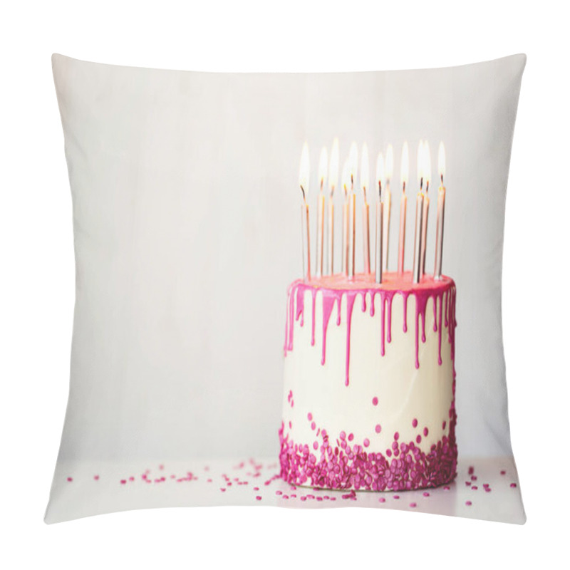 Personality  Birthday Cake With Pink Drip Icing And Birthday Candles With Copy Space To Side Pillow Covers