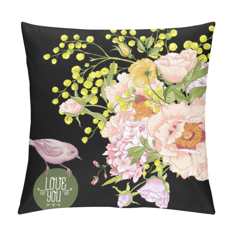 Personality  Spring Floral Bouquet With Birds, Greeting Card Pillow Covers