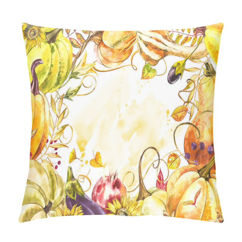 Personality  Autumn Leaves And Pumpkins Border Frame With Space Text On White Background. Seasonal Floral Maple Oak Tree Orange Leaves With Gourds For Thanksgiving Holiday, Harvest Decoration Watercolor Design. Pillow Covers