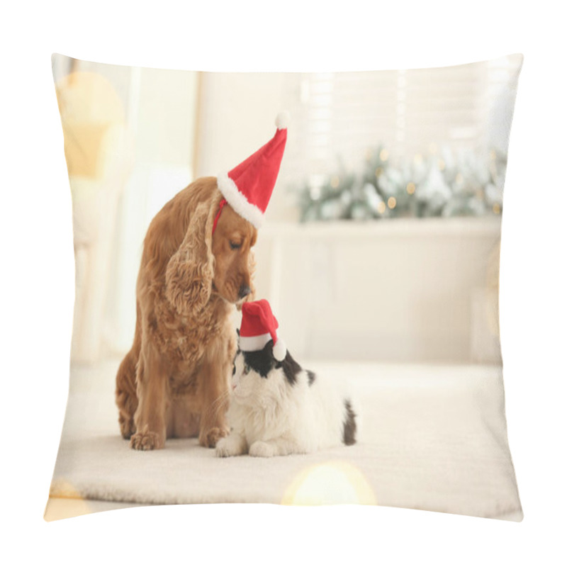 Personality  Adorable Cocker Spaniel Dog And Cat In Santa Hats Indoors Pillow Covers