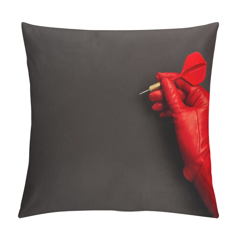 Personality  Cropped View Of Woman In Red Glove Holding Dart On Black  Pillow Covers