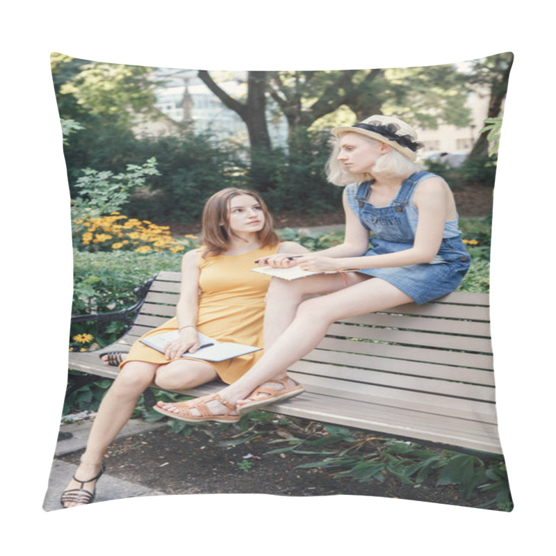 Personality  Portrait Of Two White Caucasian Unformal Young Girls Hipster Students Teenagers Friends Outside In Park On Summer Day Sitting On Bench Talking Together, Drawing, Sketching, Best Friends Forever Pillow Covers