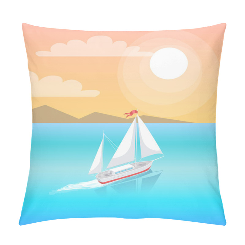 Personality  Modern Yacht Marine Nautical Personal Boat Icon. Sail Boat With White Canvas Sailing In Deep Blue Waters And Leave Trace Vector On Backdrop Of Mountains Pillow Covers