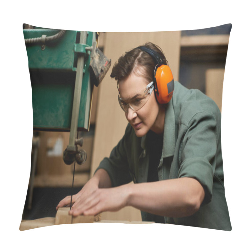 Personality  A Focused Female Carpenter Expertly Works On Wood At Her Workshop, Surrounded By Tools And Materials. Pillow Covers